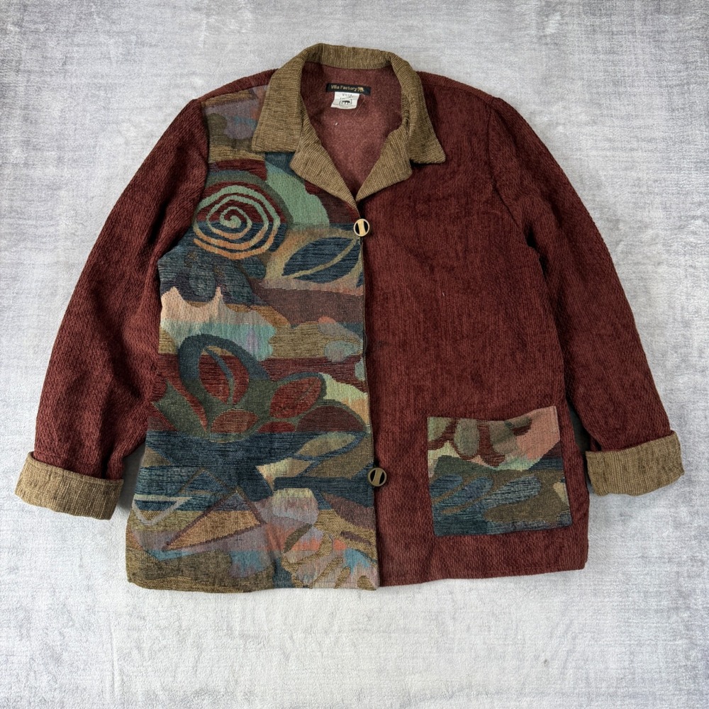 Villa Factory Jacket Women XL Burgundy Tapestry Floral Artsy Boho Made in Canada